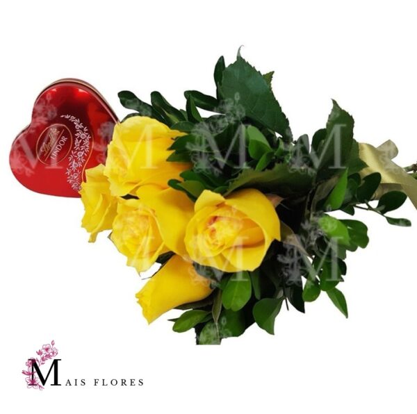 Buque de 6 rosas Amarelas e folhagens com lindt 4 bombons
